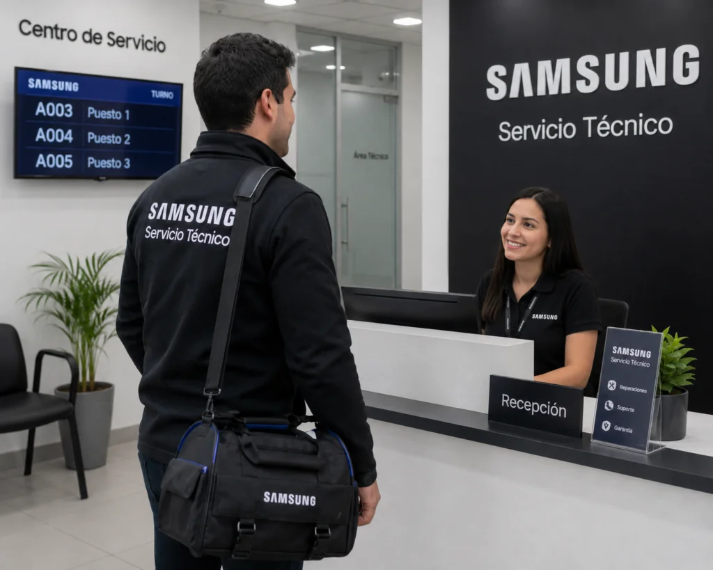 Técnico Samsung reportándose en el centro de servicio en Ecuador
